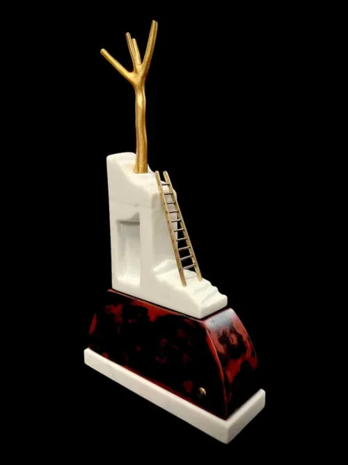 Antonio Balletta The olive growers house H39 x W 21.5 x D 7cm Carrara marble, brass, gold leaf and polychrome patina on red-gum $2,900