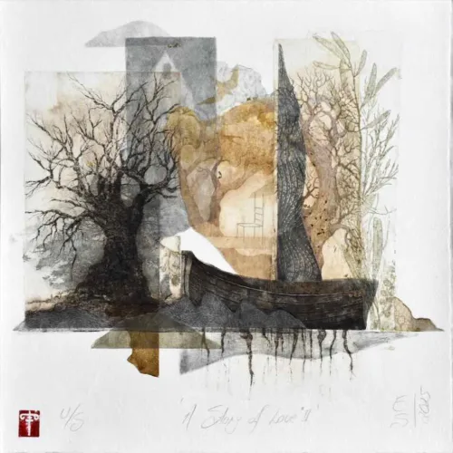 Elmari Steyn A Story of Love II, 2025 multi-plate etching, aquatint and chine-collé, hand colouring with 23k gold leaf unique state 31 x 31 cm $950 f