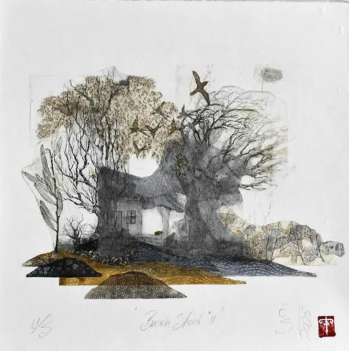 Elmari Steyn Beach Shack II, 2025 multi-plate etching, aquatint and chine-collé, hand colouring with 23k gold leaf unique state 31 x 31 cm $950 f