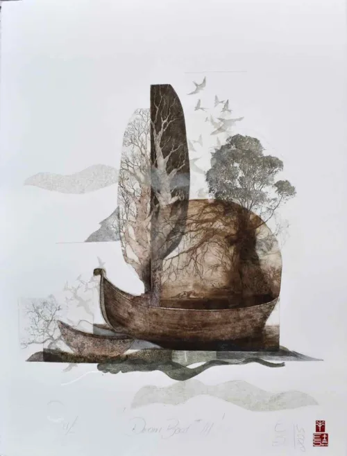 Elmari Steyn Dream Boat IIII, 2025 multi-plate etching, aquatint and chine-collé, hand colouring with 23k gold leaf unique state 76 x 56 cm $1,550 uf