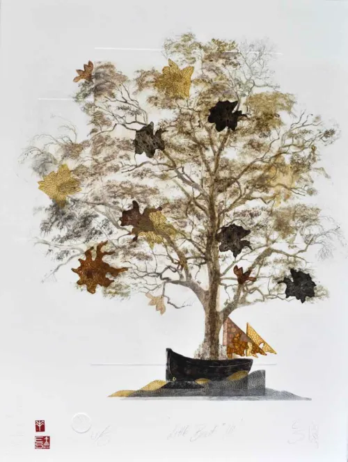 Elmari Steyn Little Boat III, 2025 multi-plate etching, aquatint and chine-collé, hand colouring with 23k gold leaf unique state 76 x 56 cm $,1950 f