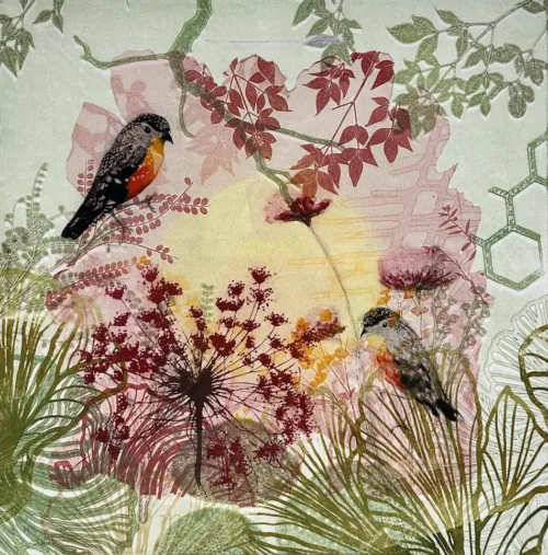 Trudy Rice Pardalote at Sunset 40x40 solar plate etchings $1,585