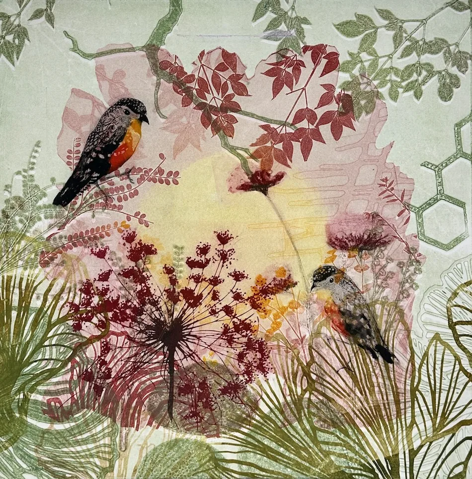 Trudy Rice Pardalote at Sunset 40×40 solar plate etchings Trudy Rice Pardalote at Sunset 40x40 solar plate etchings $1,585