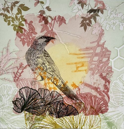 Trudy Rice The Quiet of the Morning 40x40 multi solar plate etching and monotype work on paper $1,585 f