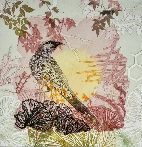 Trudy Rice The Quiet of the Morning 40x40 multi solar plate etching and monotype work on paper $1,585 f