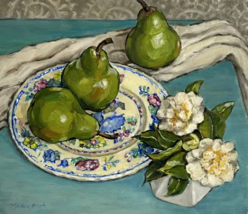 Marian Blank Camelias and Pears 30 x 35cm oil on panel $1,300