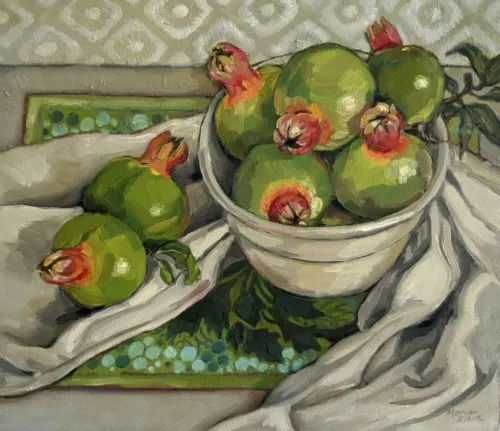 Marian Blank Green Pomegranates 30 x 35cm oil on panel $1,300