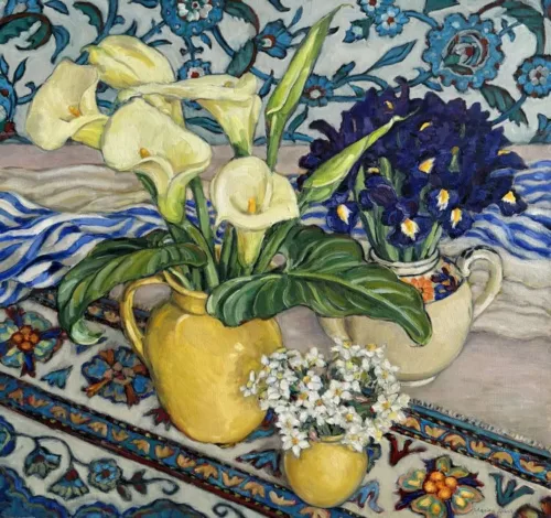 Marian Blank Iris, Lilies and Jonquils oil on panel 60x55cm $2,100