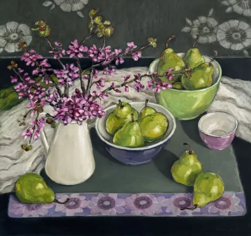 Marian Blank Pink Blossom and Pears oil on panel 60x55cm $2,100