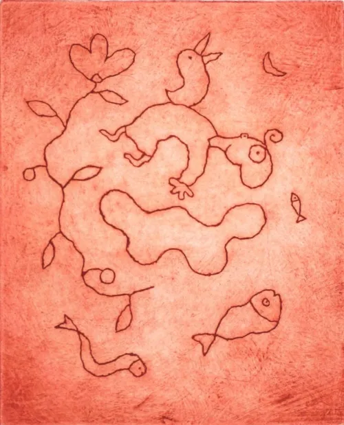 Michael Leunig Happy Day drypoint 45 x 38cm