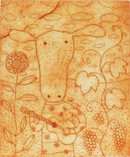 Michael Leunig Wandering Minstrel etching 60 x 49.5cm
