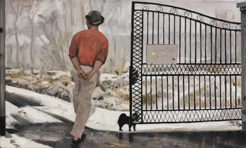 Steve Lopes Snow Dog and Figure, 2022, oil on canvas, 45 x 75cm artist Steve Lopes $4500 f