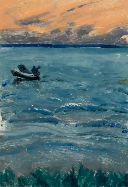 Susan Wald Man At Sea, Dusk, 2025 monotype coloured ink on Somerset paper 50 x 34.5cm $1,200 uf