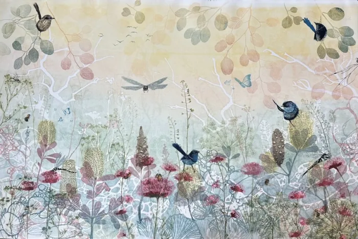 Trudy Rice Mornings in my Garden 2026 monoprint Pochoir and rtchings $4,950 f