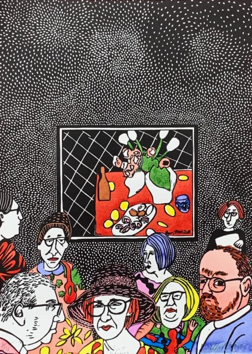 Sue Poggioli Tulips & Oysters (homage HM) hand coloured linocut print paper & image 36 x 26cm bleed print $330uf