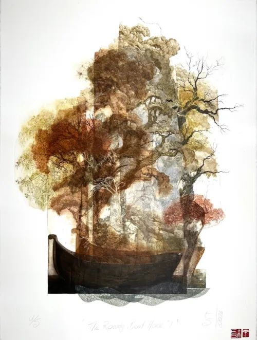 Elmari Steyn The Rowdy Boat House I, 2026 US multi-plate etching, aquatint and chine-collé, Hand colouring with 23k gold leaf paper size 76 x 56cm frame size 90 x 70cm $2,400 f